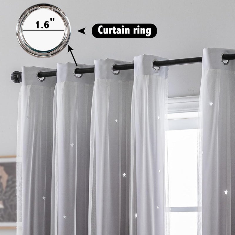 indistar Colourful Stripe Star Cut-Out Blackout Curtains for Bedroom,2 Layers Mix Design of Fabric & Tulle,Pretty Window Curtain for Kids Room 1 Panel (W52 x L84 Dark Grey) - Image 4